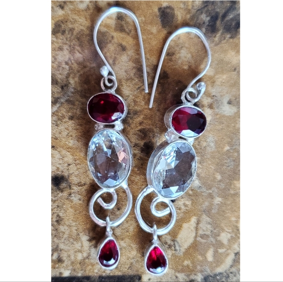 Jewelry - Genuine Red and White Quartz Dangle Earrings 2.25"